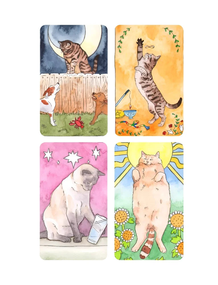 Set of four cat-themed playing cards with watercolor art on cardstock from the cat’s meow sticker book by megan lynn kott