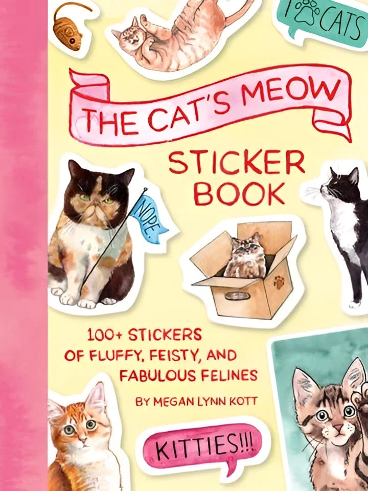 The cat’s meow sticker book by megan lynn kott has colorful cat stickers on a bright yellow cover with pink accents