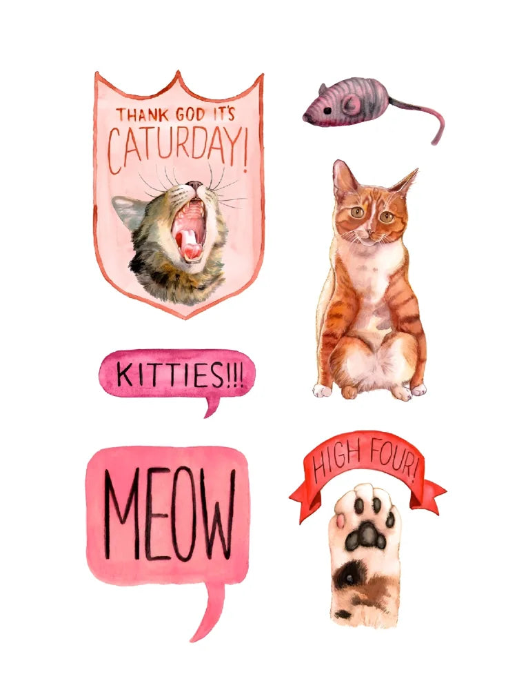 A watercolor sticker book by megan lynn kott featuring an orange tabby cat with white paws sitting upright