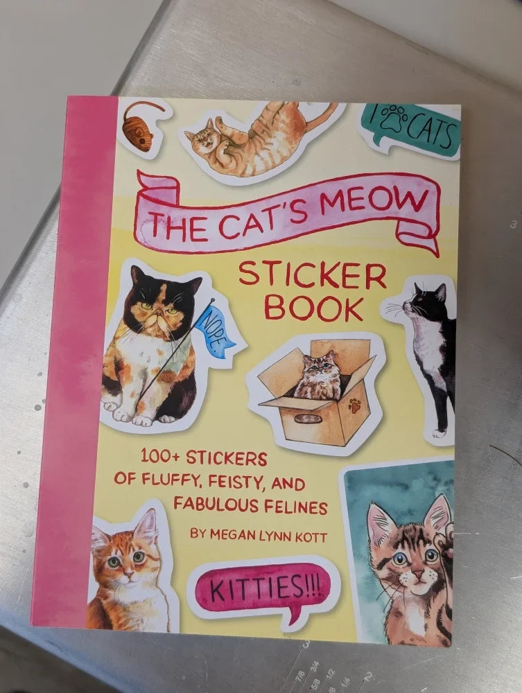 A vibrant pink and yellow cat sticker book titled the cats meow featuring playful cat illustrations by megan lynn kott
