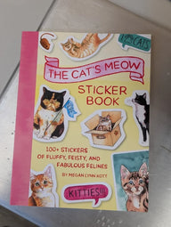 A vibrant pink and yellow cat sticker book titled the cats meow featuring playful cat illustrations by megan lynn kott