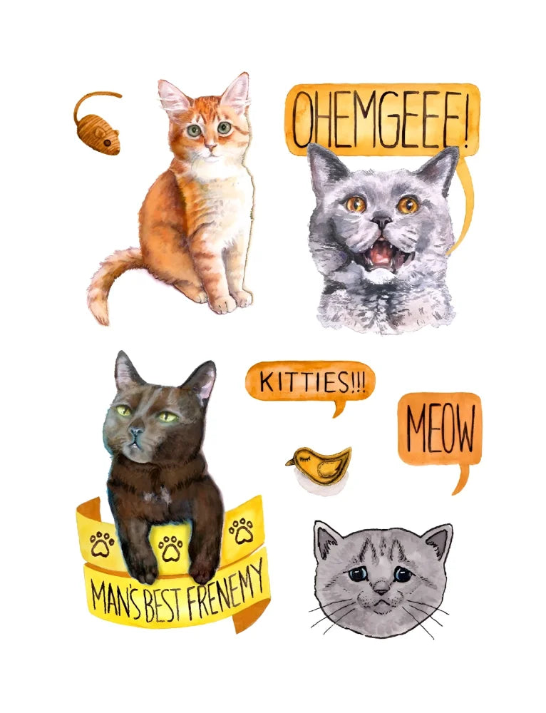 Watercolor illustration of four cats with speech bubbles from the cat’s meow sticker book by megan lynn kott