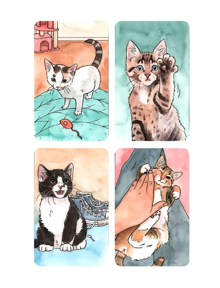 Watercolor illustrations of four colorful kittens on rectangular cards from megan lynn kott the cats meow sticker book