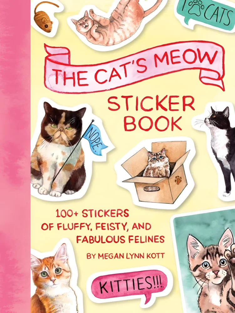 The cat’s meow sticker book by megan lynn kott features a vibrant yellow cover with playful cat illustrations