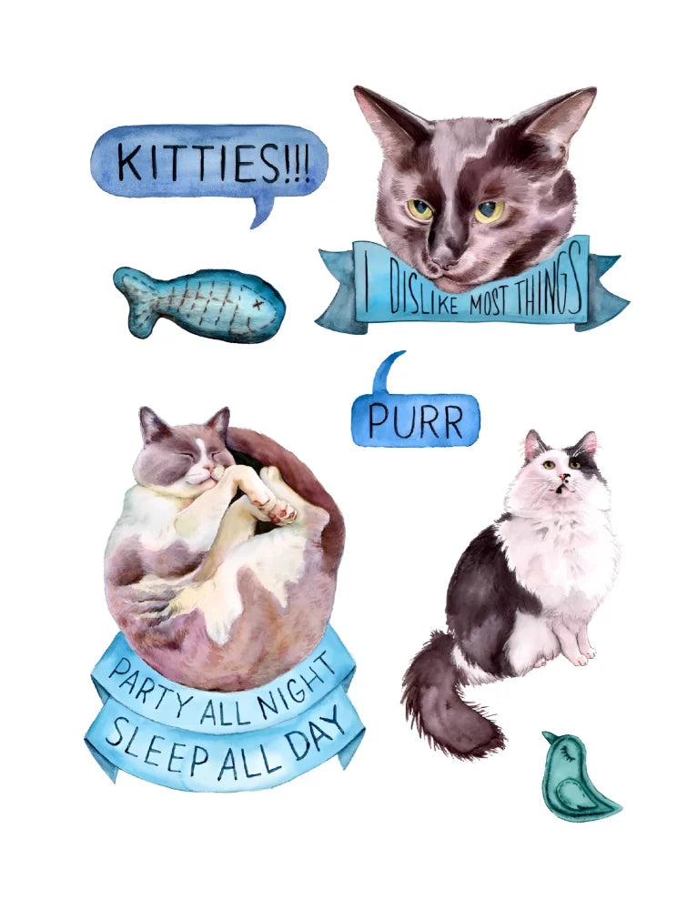 A watercolor sticker of a gray and white cat with yellow eyes from megan lynn kott cat’s meow sticker book