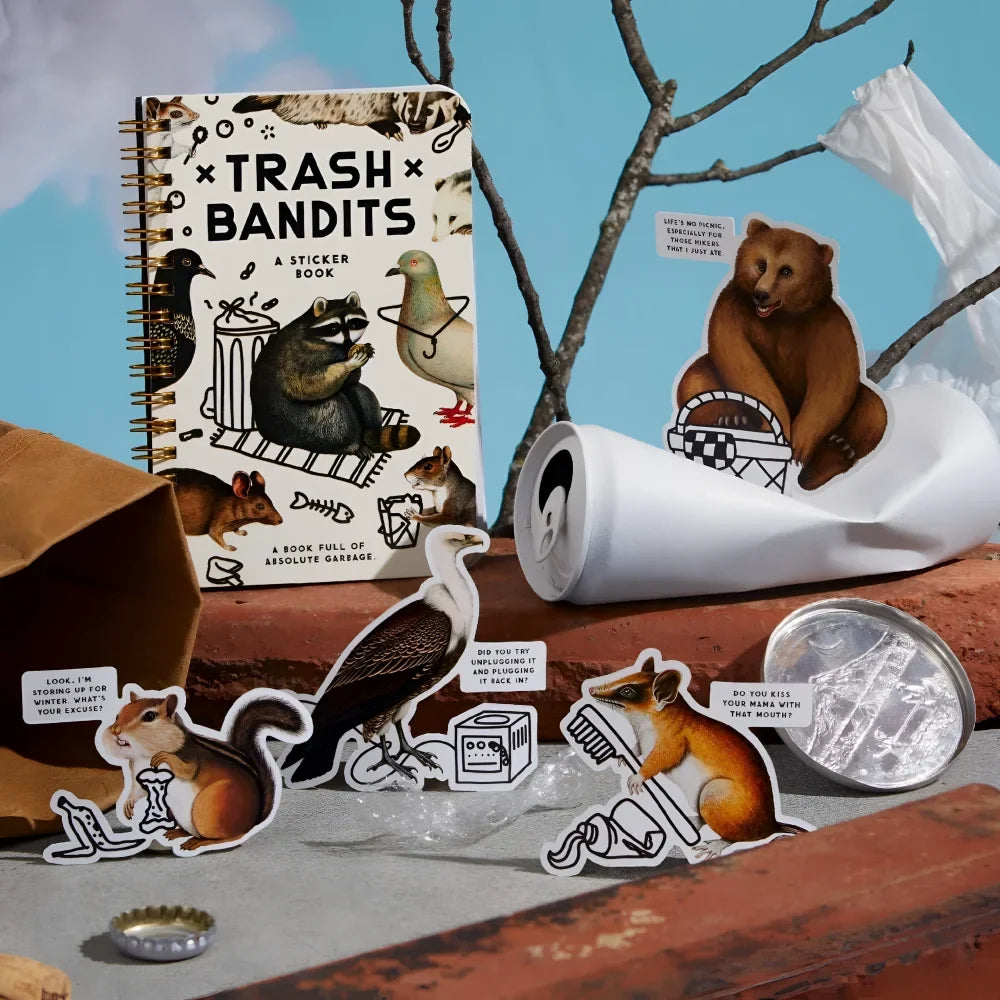 A whimsical trash bandits sticker book with raccoons bears and birds interacting with trash on the colorful cover