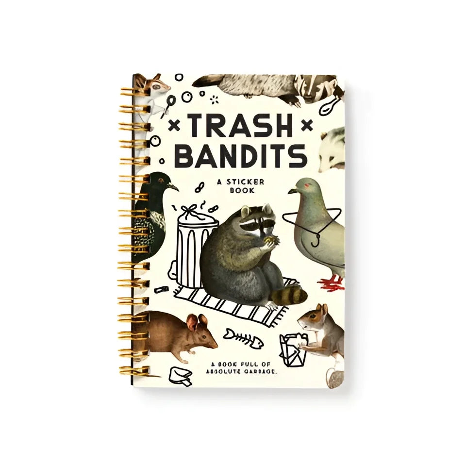 A spiral-bound trash bandits sticker book with colorful raccoon pigeons and mice bandits around trash items on the cover