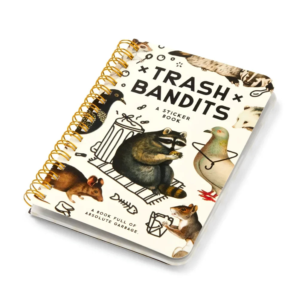 Whimsical cream trash bandits sticker book with gold binding featuring raccoon mice and pigeons illustrations