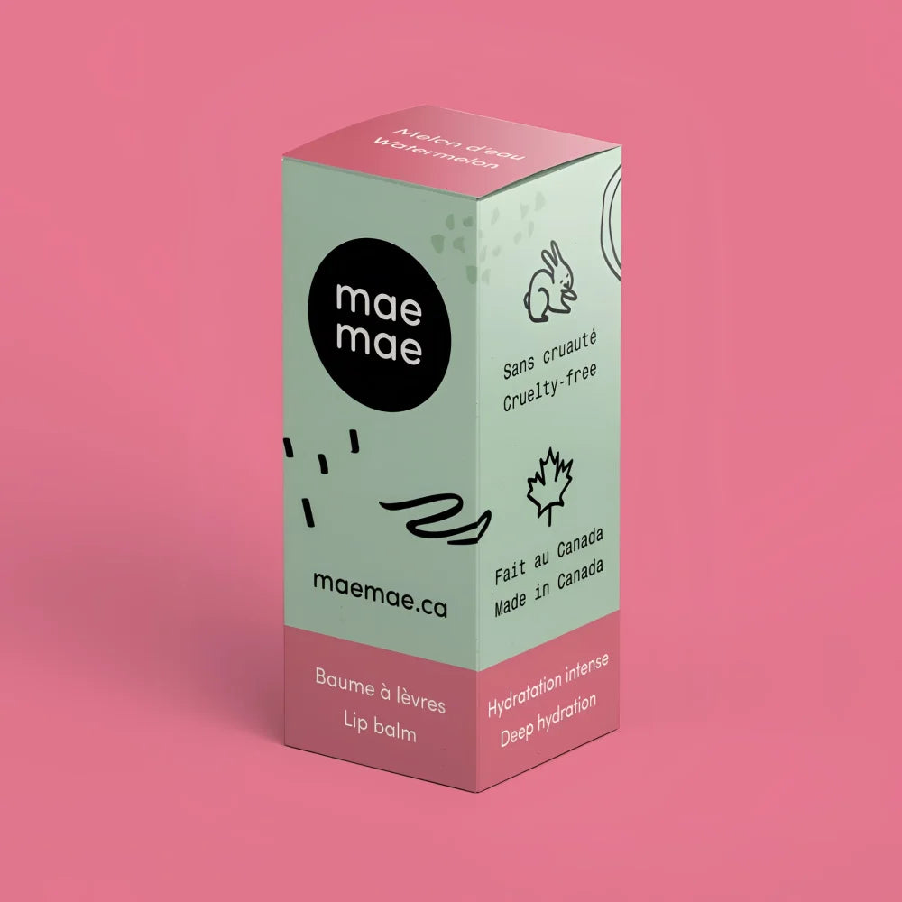 Mint and pink rectangular box of mae mæ watermelon natural lip balm with rabbit logo and canadian cruelty-free label