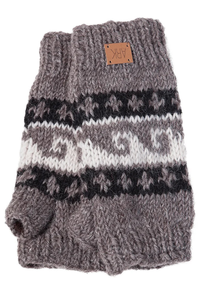 Wave hand warmers gray knitted fingerless mittens with black and white nordic pattern and brown leather cuff patch
