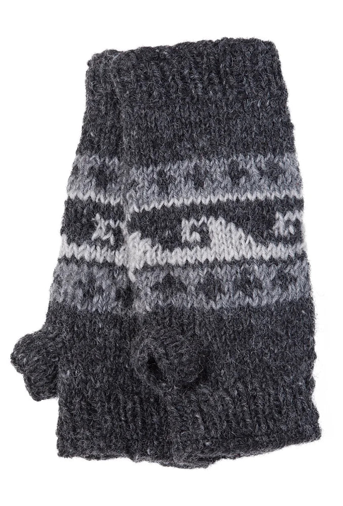 Dark gray knitted fingerless wave hand warmers with white and light gray snowflake pattern band on back side
