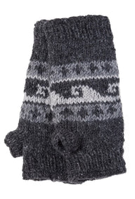 Dark gray knitted fingerless wave hand warmers with white and light gray snowflake pattern band on back side