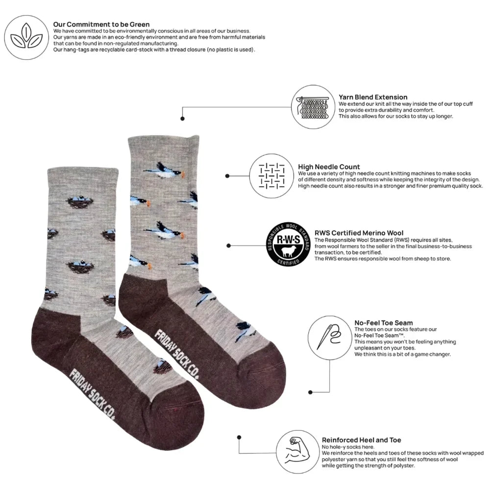 Women’s gray and brown merino wool socks with subtle bird pattern perfect for fun outdoor wear