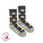 Black and gray women’s cabin merino wool socks with pixelated cozy cabin snow trees and stars design
