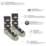 Women’s dark blue merino wool cabin socks with cozy cabin star pattern gray toes heels and friday sock co branding