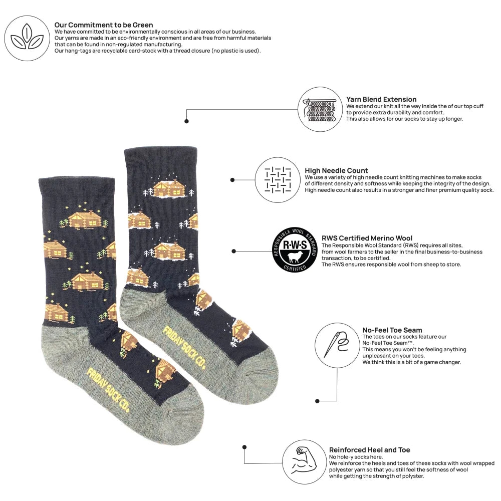 Women’s dark blue merino wool cabin socks with cozy cabin star pattern gray toes heels and friday sock co branding