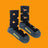 Dark blue women’s camping at night merino wool socks with orange campfires and tan tents perfect for cozy outdoor use
