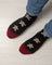 Women’s black and red merino wool socks with beige gingerbread men pattern perfect cozy outdoor wool socks