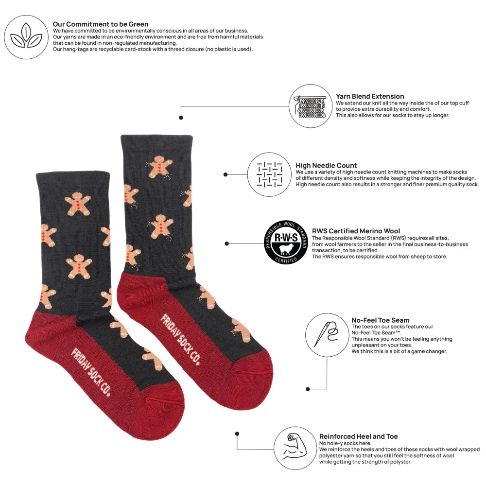 Women’s black and red holiday socks with gingerbread men pattern made from rws certified merino wool by angus oliver