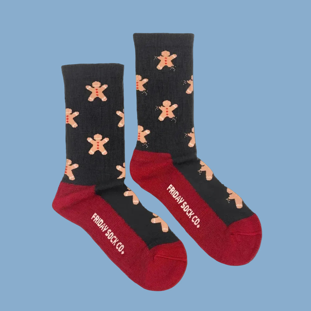 Women’s gingerbread bite merino wool socks in black and red with tan gingerbread men perfect with angus oliver rugs