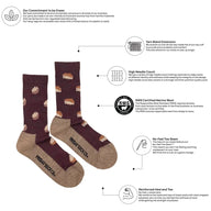 Dark brown women’s merino wool socks with light beige hedgehog pattern and tan soles for breathable warmth