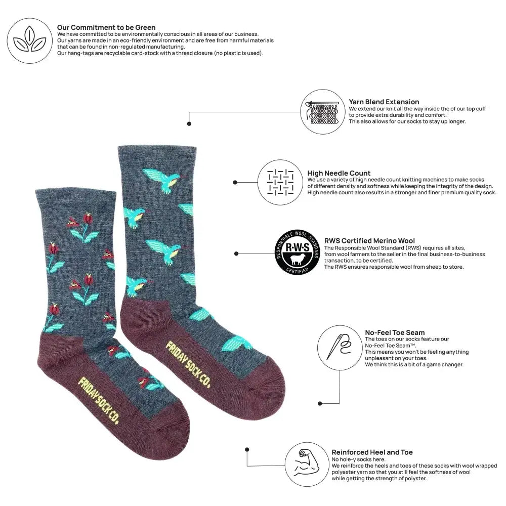 Dark gray and maroon women’s hummingbird merino wool socks with turquoise birds and red flowers and friday sock co branding on heel