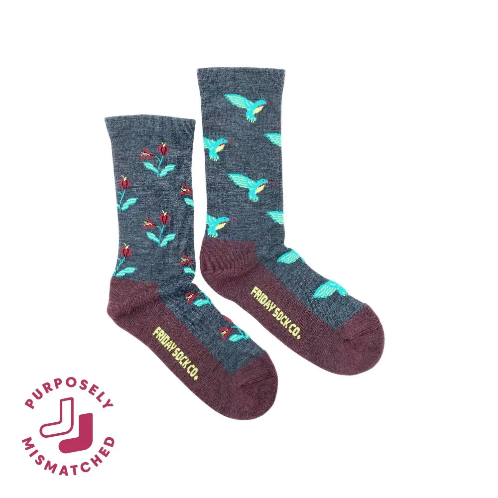 Dark gray heathered merino wool socks for women with turquoise hummingbirds red flowers and maroon toe caps and heels