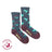 Dark gray heathered merino wool socks for women with turquoise hummingbirds red flowers and maroon toe caps and heels