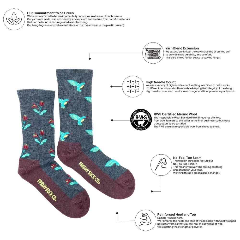 Dark gray and maroon womens merino wool socks with turquoise birds red flowers and friday sock co branding on heel
