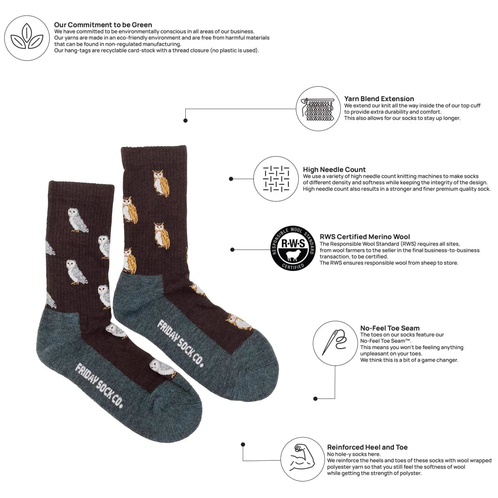 Women’s dark brown merino wool socks with white owl pattern and teal cuff for premium soft comfort