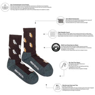Women’s dark brown merino wool socks with white owl pattern and teal cuff for premium soft comfort