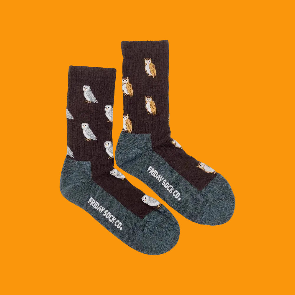 Women’s dark brown and teal owl patterned merino wool socks from friday sock co for premium soft comfort and warmth
