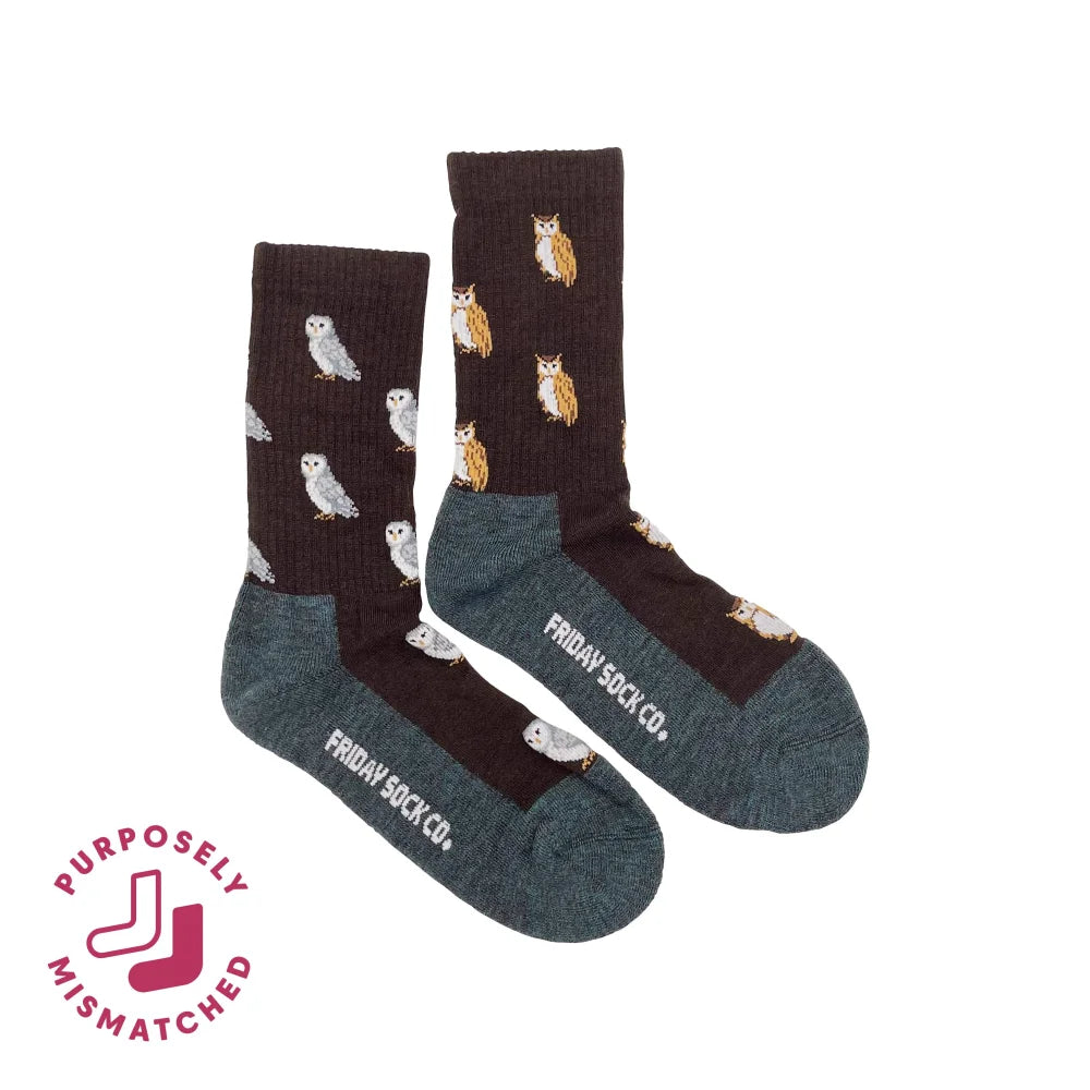 Dark brown and teal owl-patterned women’s merino wool socks from friday sock co for premium soft comfort