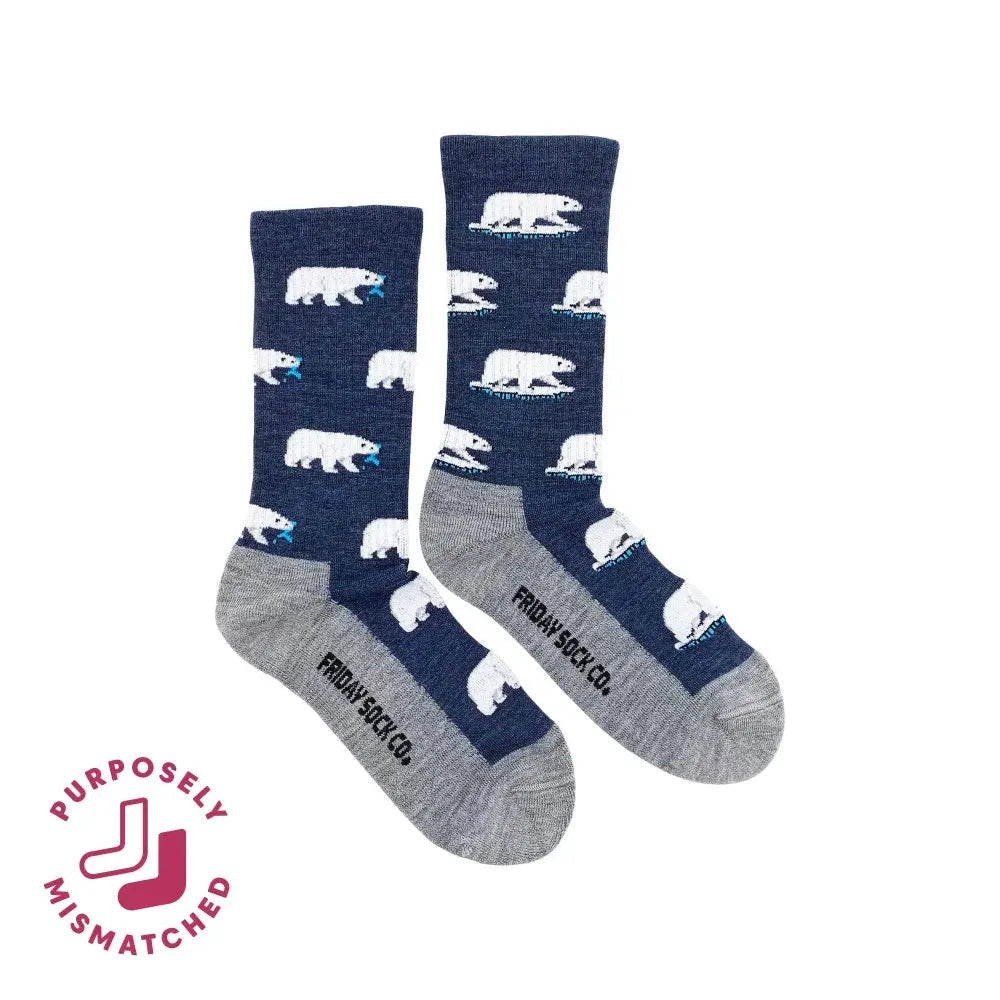 Navy blue women’s merino wool socks with white polar bears gray toe caps soft italian knit by friday sock co