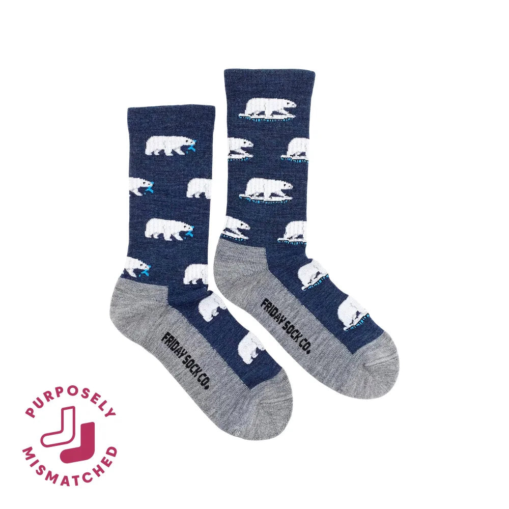 Navy blue women’s merino wool socks with white polar bears gray toe caps soft italian knit by friday sock co