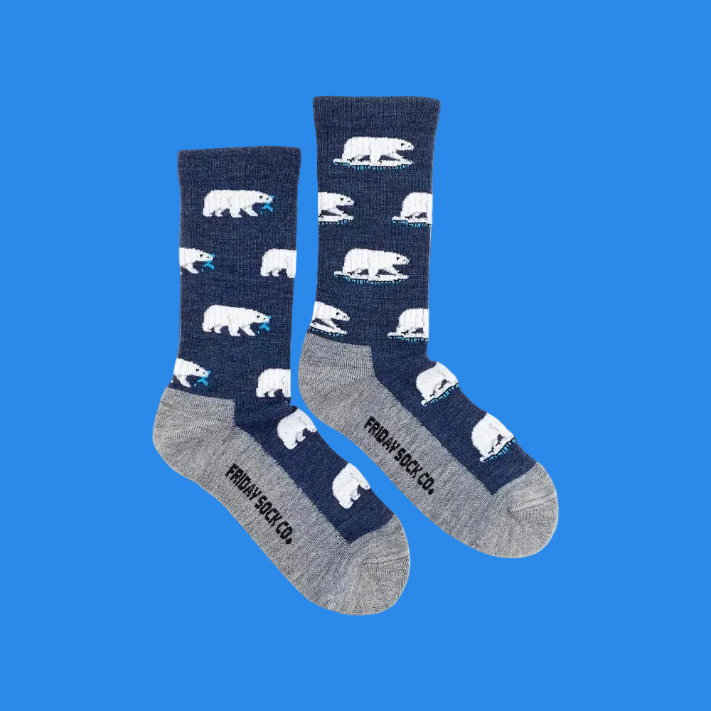 Navy blue wool socks with white polar bears gray toe caps made of soft italian merino wool by friday sock co