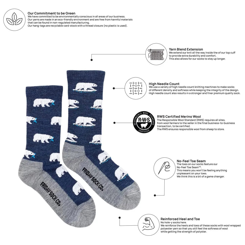 Women’s navy blue and gray merino wool socks with white polar bear patterns from friday sock co soft italian knit wool socks