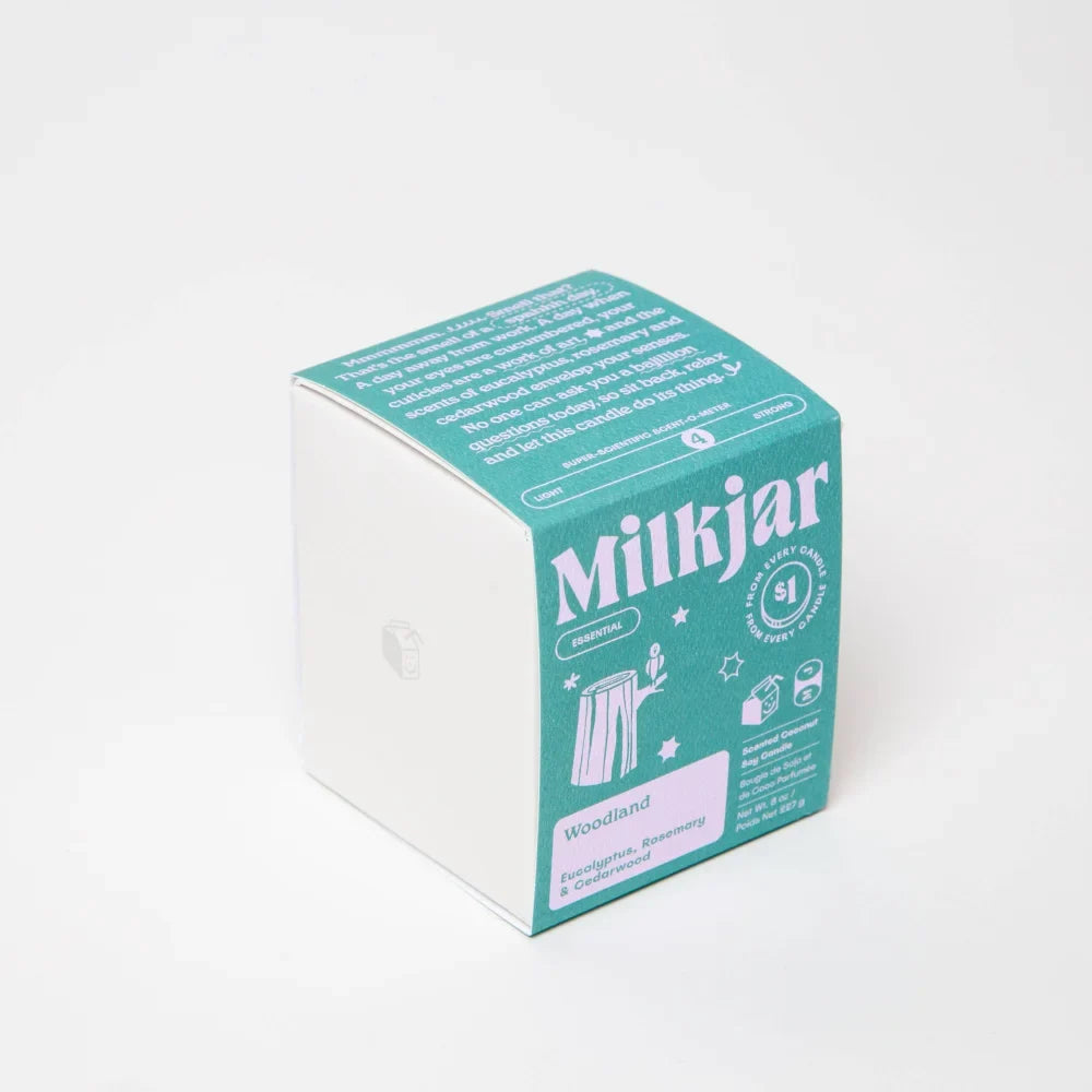 Teal and white cube shaped box for woodland essential oil coconut soy 8oz candle by milkjar