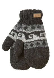 Dark gray and white woolen wave mittens knit with zealand wool featuring artisan craftsmanship and a brown leather tag